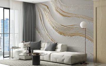 Elegant wall mural featuring flowing marble design in a modern living room with stylish decor.