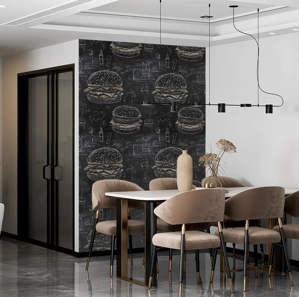 Фототапети за заведения – Артистичен бургер дизайн в модерен интериор с чаша за кафе и маса.
