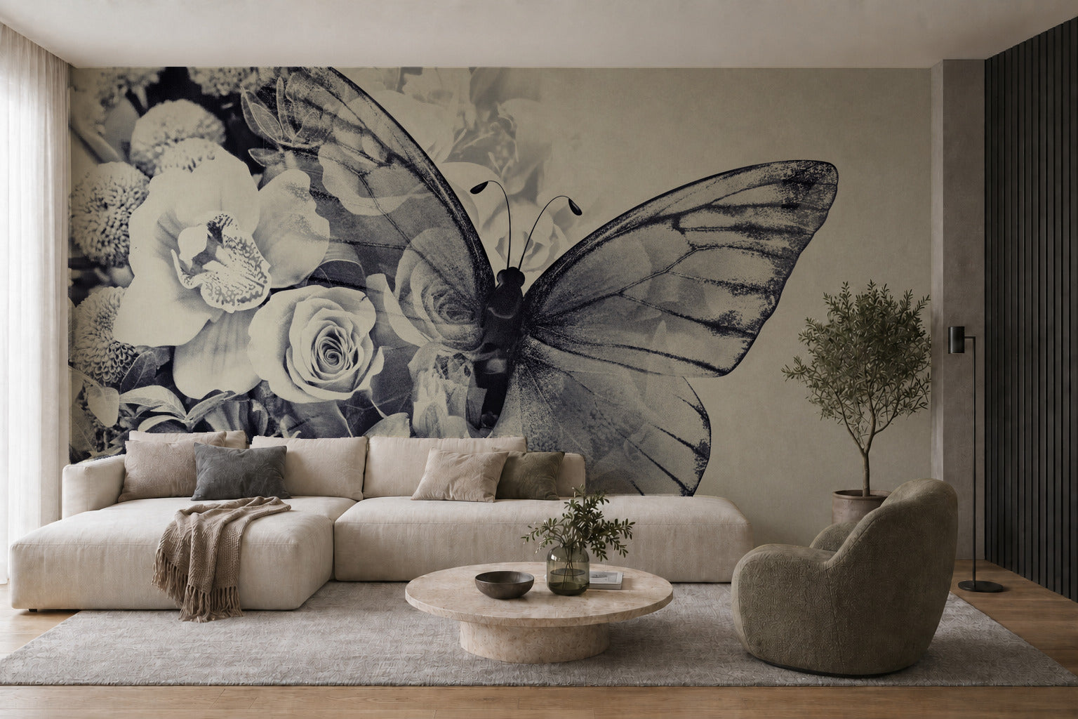 Самозалепващ винтидж фототапет с цветя и пеперуди – визуализация в интериор 2