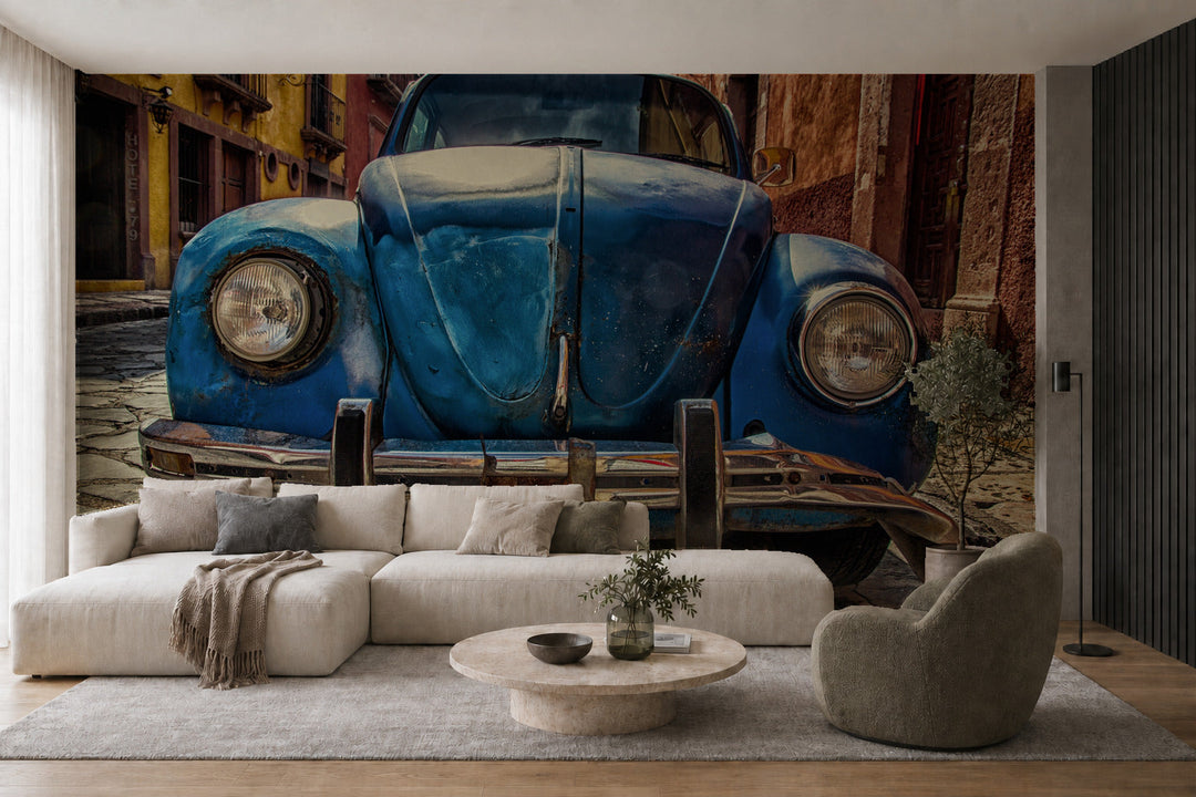 Фототапет с ретро кола Beetle: Самозалепващи и водоустойчиви тапети – визуализация в интериор 2