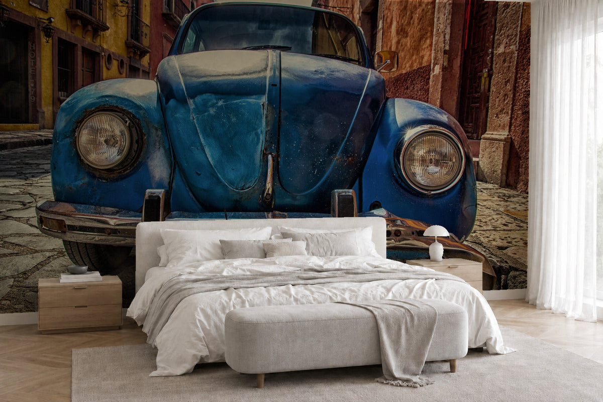 Фототапет с ретро кола Beetle: Самозалепващи и водоустойчиви тапети – визуализация в интериор 3