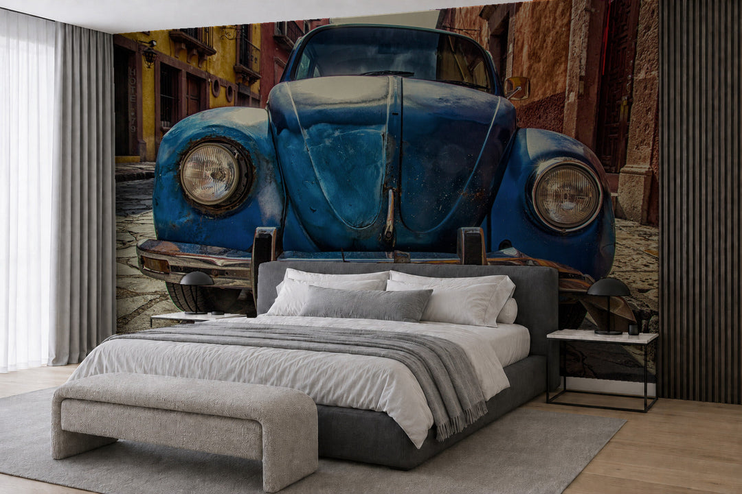 Фототапет с ретро кола Beetle: Самозалепващи и водоустойчиви тапети – визуализация в интериор 4