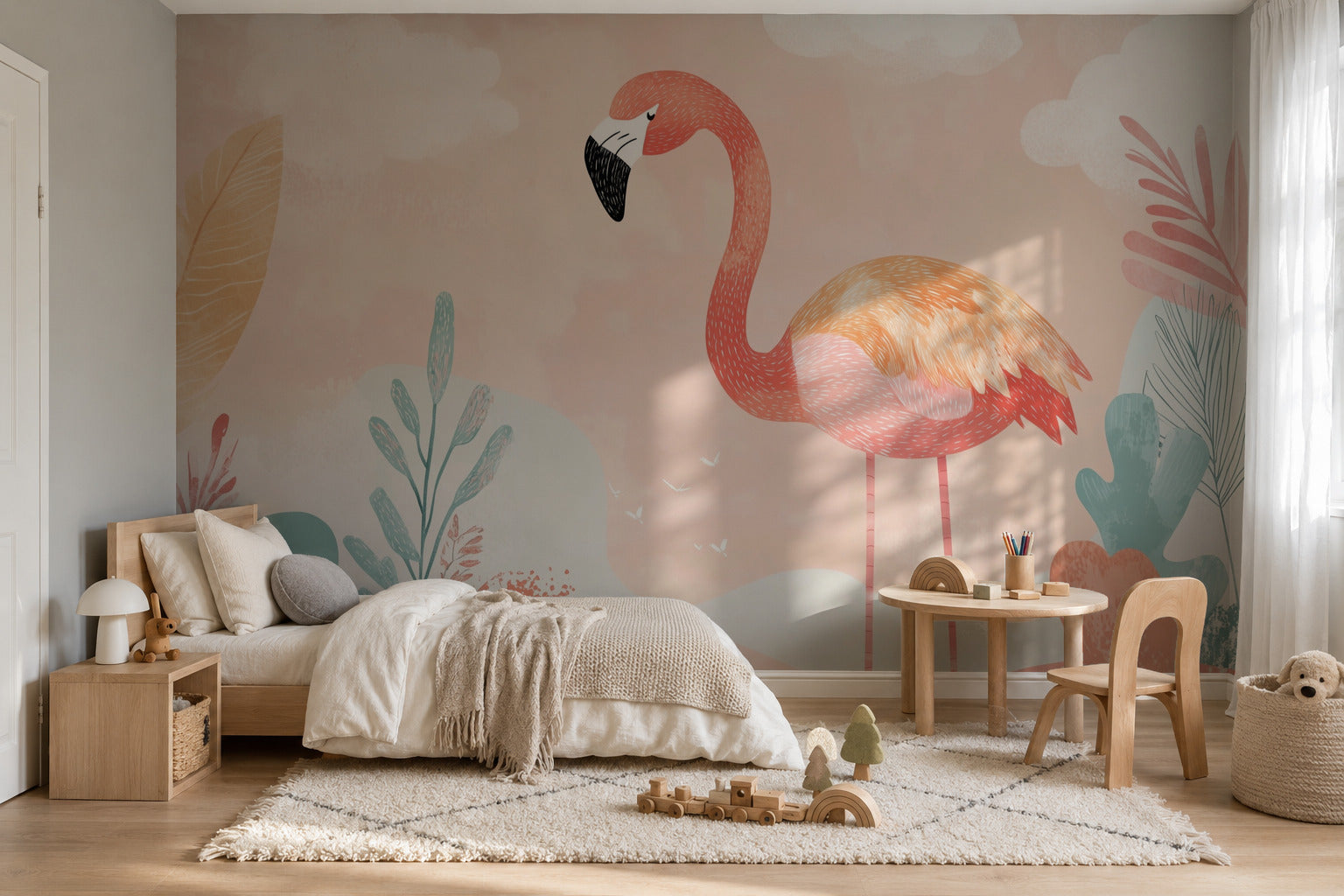 Фототапет Розово фламинго за детска стая – визуализация в интериор 2