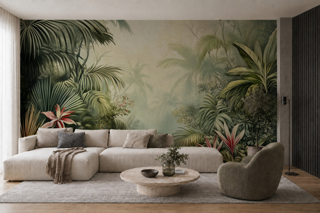 Фототапет Тропическа джунгла за хол – визуализация в интериор 2