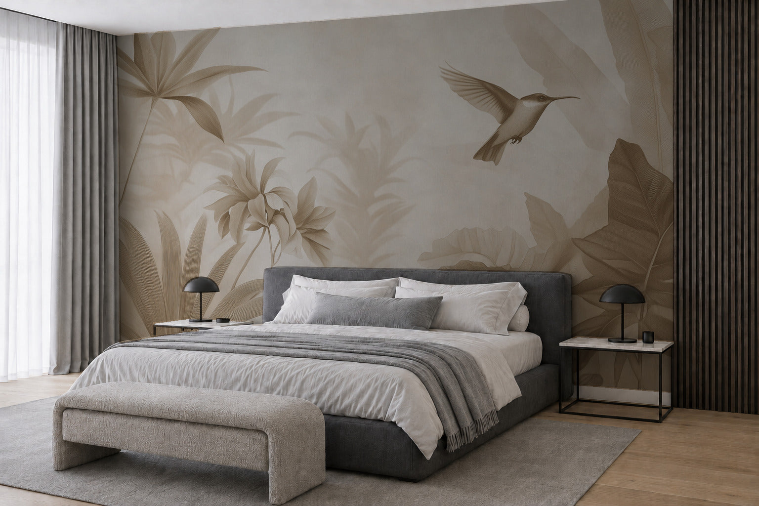 Фототапет Ефирна Колибри и Бежови Тропически Палми – визуализация в интериор 4