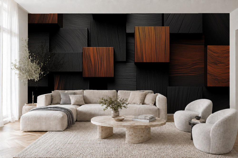 Фототапети за хол и спалня Черни и кафяви 3D дървени кубове – визуализация в интериор 1