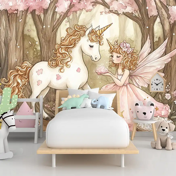 Fantasy children's room wallpaper featuring a fairy with a unicorn among pastel-colored trees for a magical and colorful interior.