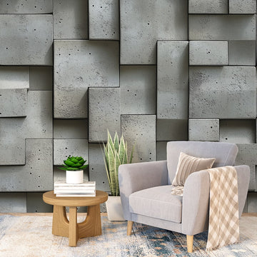 Сив геометричен фототапет с индустриален дизайн, създаващ стилна атмосфера в стаята.