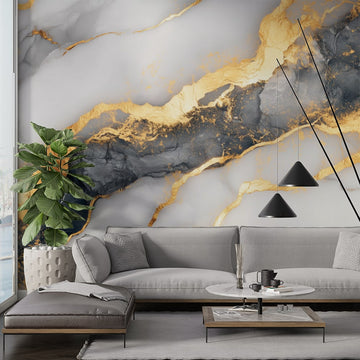 фототапет златни линии сив мрамор в стилен интериор с уютен диван и съвременен декор.