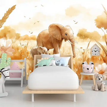 фототапет слонско семейство за детска стая с акварелна сцена на слонове в детска стая