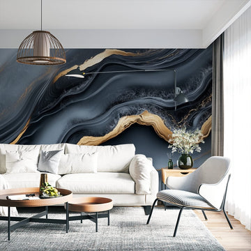 Фототапет Дълбоко Син Мрамор с Златни Акценти | Съвременен Стил