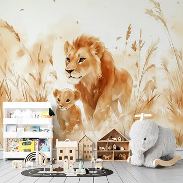 Фототапет Акварелно лъвско семейство за детска стая