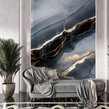 Фототапет Черен Мрамор с Златни Вени на стената в елегантен интериор