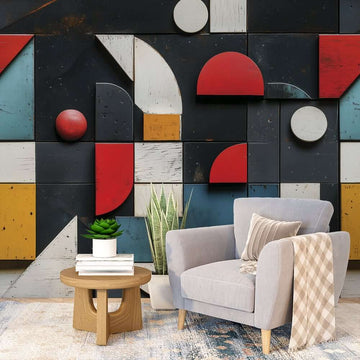 Геометричен фототапет за хол с абстрактни форми и ярки цветове в модерен интериор.