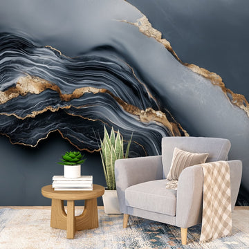 Фототапет Златни Линии и Тъмен Мрамор, стилен декор за модерни интериори.
