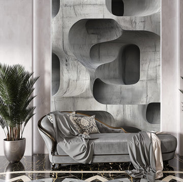 абстрактен фототапет за хол с модерни геометрични форми върху стената зад елегантен диван
