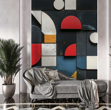 геометричен фототапет за хол – абстрактни форми и ярки цветове в модерен интериор