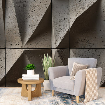 Фототапет бетонна стена 3D ефект с елегантни извивки и стилен декор за хол.