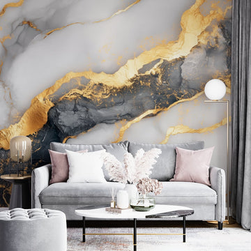Фототапет Златни Линии и Сив Мрамор | Елегантен Дизайн