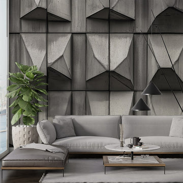 фототапет геометричен дизайн бетон на стена с текстури и модерни мебели в стая