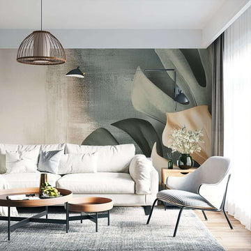 Фототапет Ефирни Тропически Листа в Опушено Зелено и Пясъчно