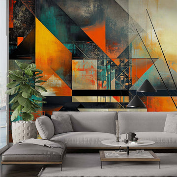 геометричен фототапет огън и тъмнина в модерен интериор с геометрични фигури и ярки цветове