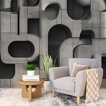 Геометричен фототапет за хол с абстрактен дизайн на криви и прави линии в сиви нюанси.