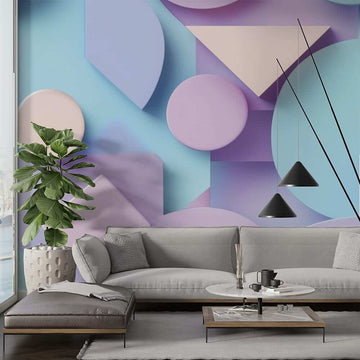 Фототапет геометрични форми за хол с нежни акварелни нюанси на синьо и лилаво.