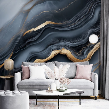 Фототапет Дълбоко Син Мрамор с Златни Акценти | Съвременен Стил