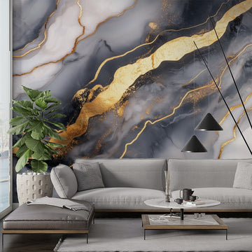 Фототапет Златни Линии и Тъмен Мрамор, луксозен дизайн за стилна трансформация на интериора.