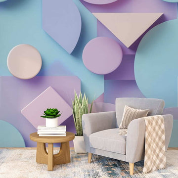 фототапет Геометрични форми за хол с нежни акварелни нюанси на синьо и лилаво