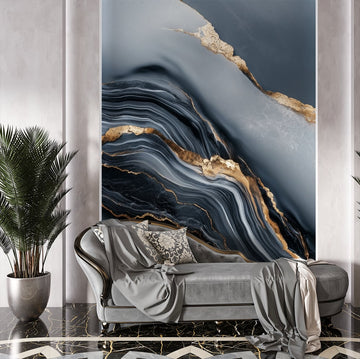 Фототапет Златни Линии и Тъмен Мрамор със стилна декорация в модерен интериор.