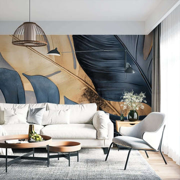 Фототапет Златисти Тропически Листа и Графитен Атлас