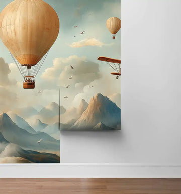 фототапет за детска стая облачни приключения с балони и винтидж самолет над облаците