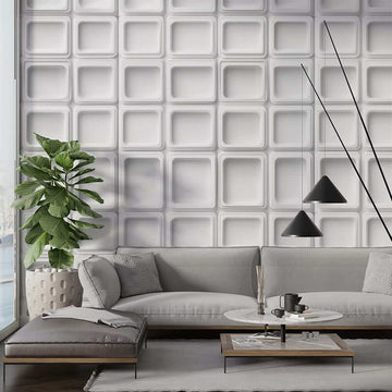 Фототапет Модерна квадратна текстура за хол със стилен интериор и растения.