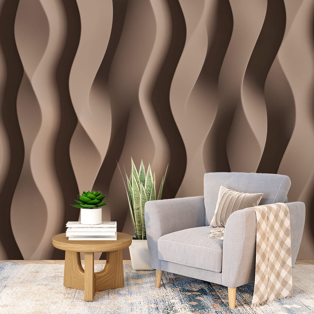 елегантен фототапет за хол с вълни в нежни нюанси на кафявото, създаващ уют и хармония в интериора.
