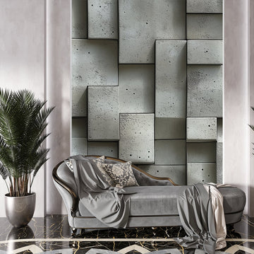 сив геометричен фототапет в интериор с индустриален дизайн и елегантна мебелировка