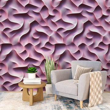 Фототапет Романтични вълни за хол с три измерни вълни в розово и лилаво, създаваща уютна атмосфера.