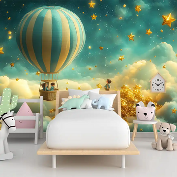Фототапет за детска стая с балон, деца и златни звезди над облаци.