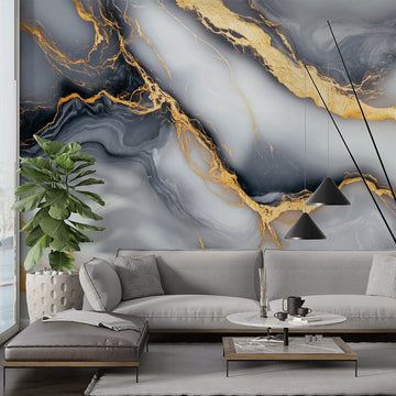 Фототапет Златисти Линии върху Мраморна Текстура, елегантен стенен декор с златисти линии мраморен фототапет.