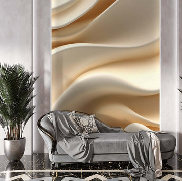 Фототапет с пясъчни вълни, декориращ съвременен хол с нежни линии и топли нюанси.