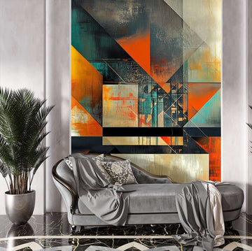 Фототапет Геометричен Ритъм: Оранжев Контраст и Дълбоки Сенки, модерен декор за стена с динамични геометрични форми.