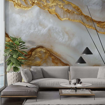 Фототапет Ефирен Мрамор със Златни Течни Нишки, красиво декорирана стена с елегантен мраморен дизайн