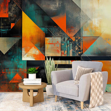 Фототапет Геометричен Ритъм с оранжев контраст и дълбоки сенки, вдъхновен от модерния кубизъм.