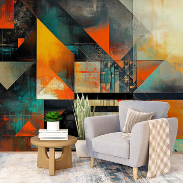 Геометричен фототапет огън и тъмнина, съчетаващ ярки цветове и динамични форми в модерен интериор.