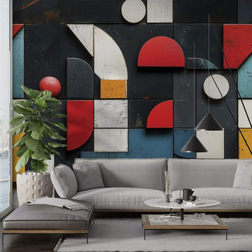 Геометричен фототапет за хол с абстрактни форми и ярки цветове на стената зад модерна мека мебел.