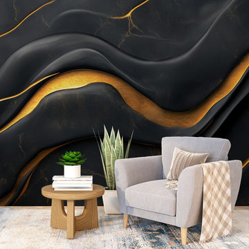 фототапет Златни Вълни на Тъмно Черно в модерен интериор с уютно кресло и декоративни растения