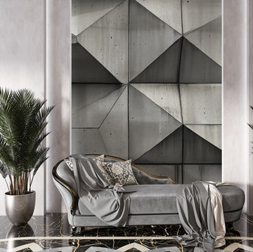 Фототапет Геометричен Бетон на стената, съчетаващ абстрактни форми и сиви нюанси в стилен интериор.