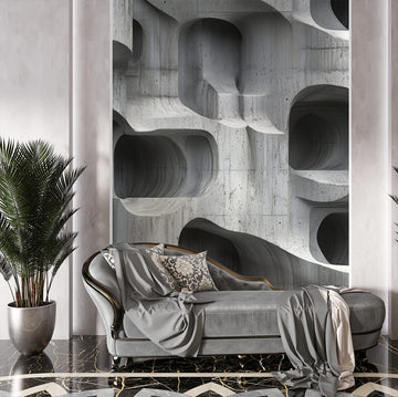 абстрактни фототапети за хол с елегантни извивки и стилен дизайн върху стената зад дивана