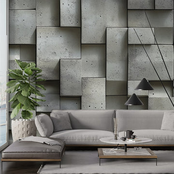 Сив геометричен фототапет с индустриален дизайн, перфектен за модерен декор в стаята.